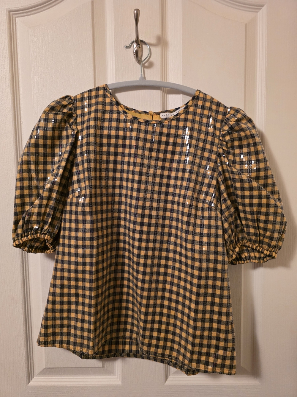 NWT Revolve English Factory Yellow Gingham Sequin Statement Puff Sleeve Blouse S